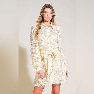 Vintage-Inspired Cream Lace Button-Front Dress with Waist Tie